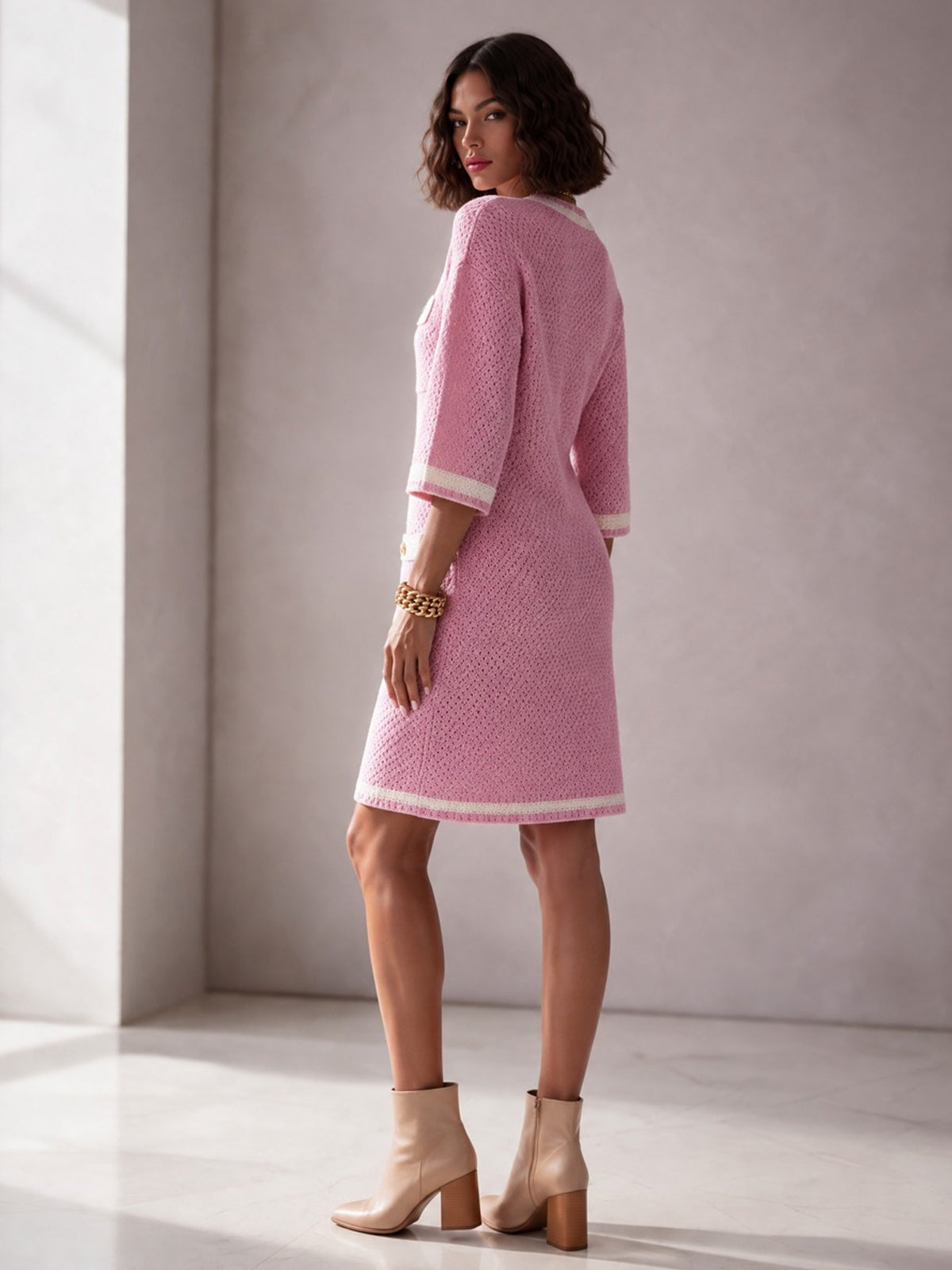 ElevenOra Chic Elegant Pink-White Colorblock V-Neck Half-Sleeve Single-Breasted Multi-Pockets Wool Blend Knit Midi Dress