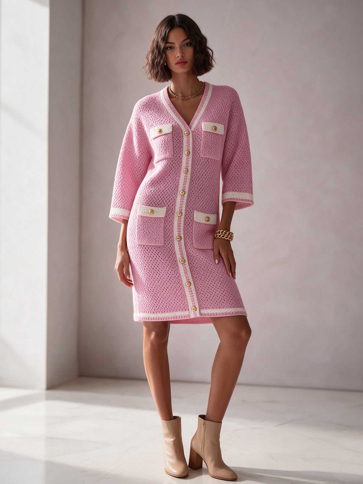 ElevenOra Chic Elegant Pink-White Colorblock V-Neck Half-Sleeve Single-Breasted Multi-Pockets Wool Blend Knit Midi Dress