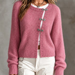 ElevenOra Chic Casual Hot Pink Round-Neck Long-Sleeve Single-Breasted Loose-Fit Mohair Blend Knit Cardigan