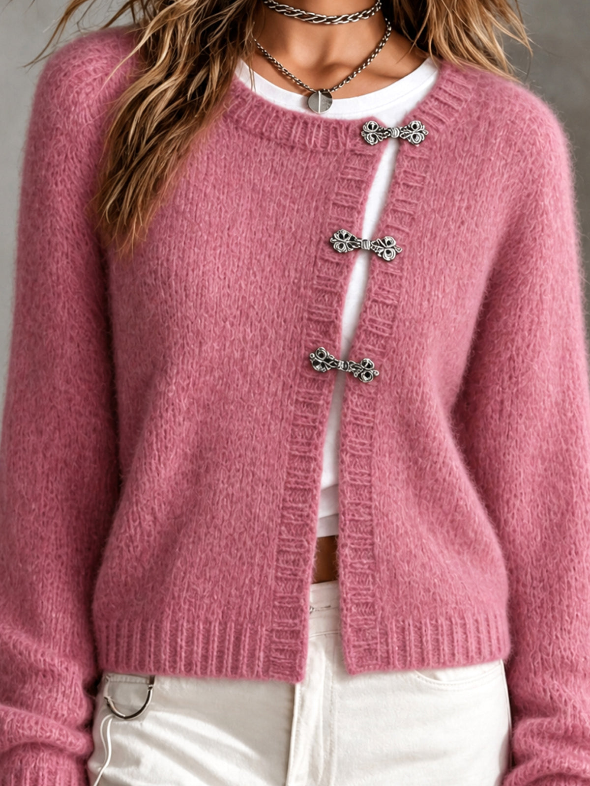 ElevenOra Chic Casual Hot Pink Round-Neck Long-Sleeve Single-Breasted Loose-Fit Mohair Blend Knit Cardigan