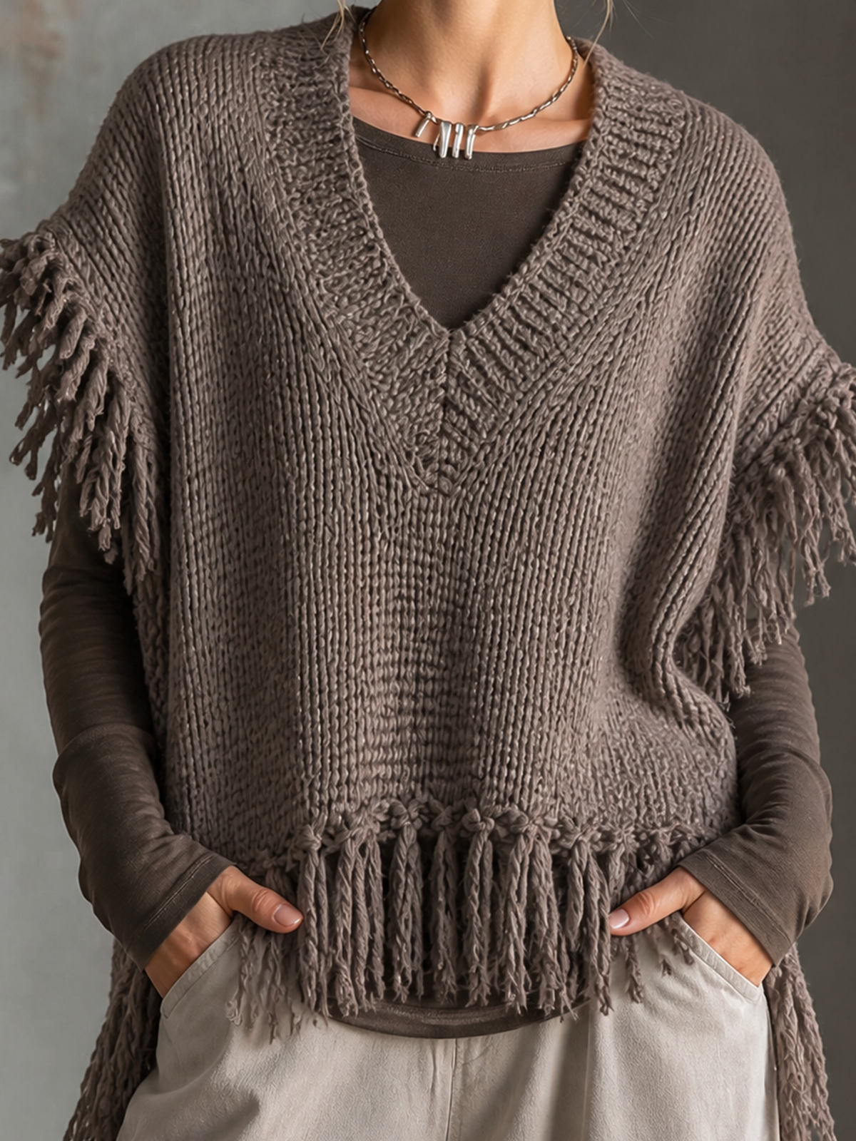 ElevenOra Chic Elegant Muted Taupe V-Neck Fringe Hem Sleeveless Loose-Fit Chunky Knit Vest Top