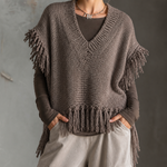 ElevenOra Chic Elegant Muted Taupe V-Neck Fringe Hem Sleeveless Loose-Fit Chunky Knit Vest Top