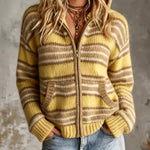 ElevenOra Chic Casual Yellow-Brown Stripes Hooded-Collar Long-Sleeve Zipper-Front Patch Pockets Wool Blend Knit Cardigan