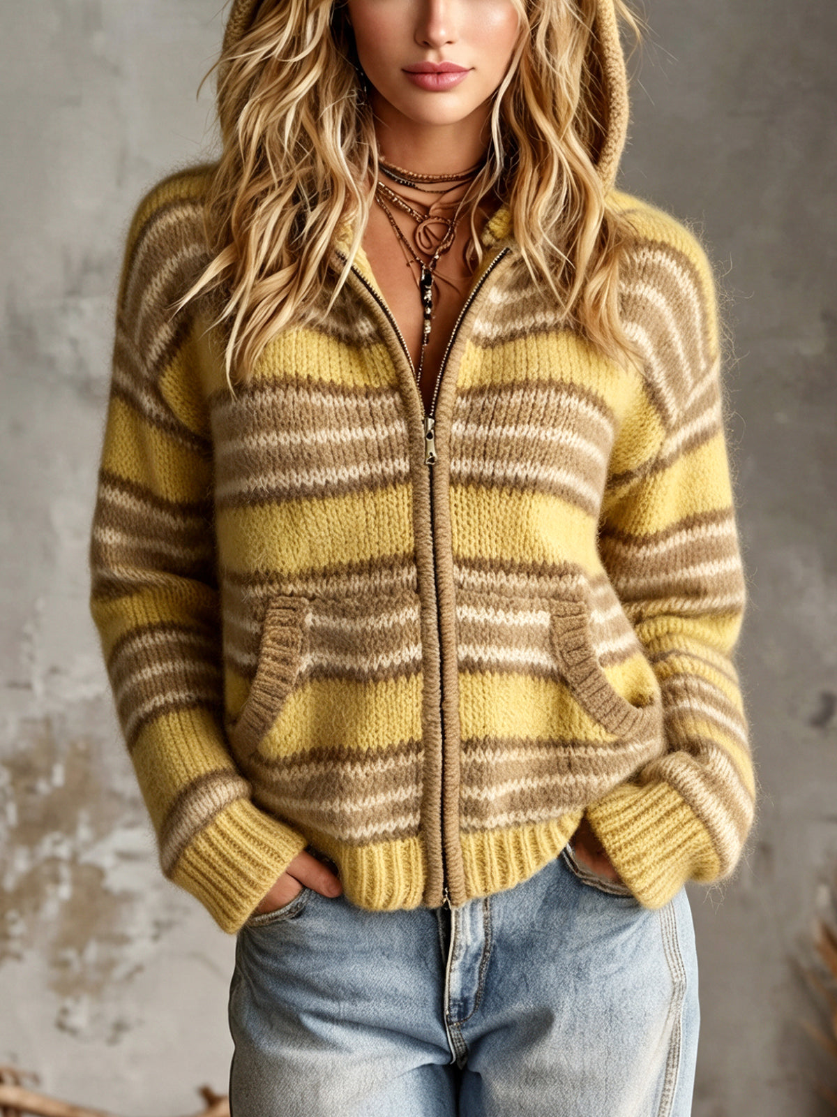 ElevenOra Chic Casual Yellow-Brown Stripes Hooded-Collar Long-Sleeve Zipper-Front Patch Pockets Wool Blend Knit Cardigan
