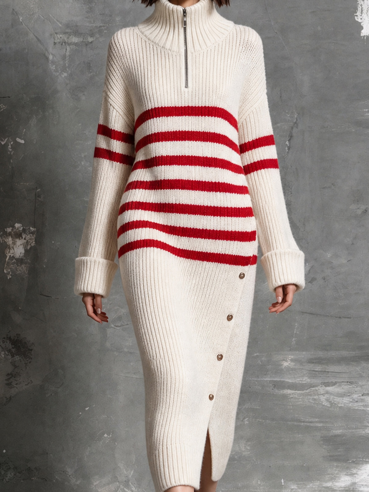 ElevenOra Chic Elegant Beige-Red Stripes Zipper-Up Turtleneck Long-Sleeve Slit Detail Decorative Buttons Wool Blend Knit Maxi Dress