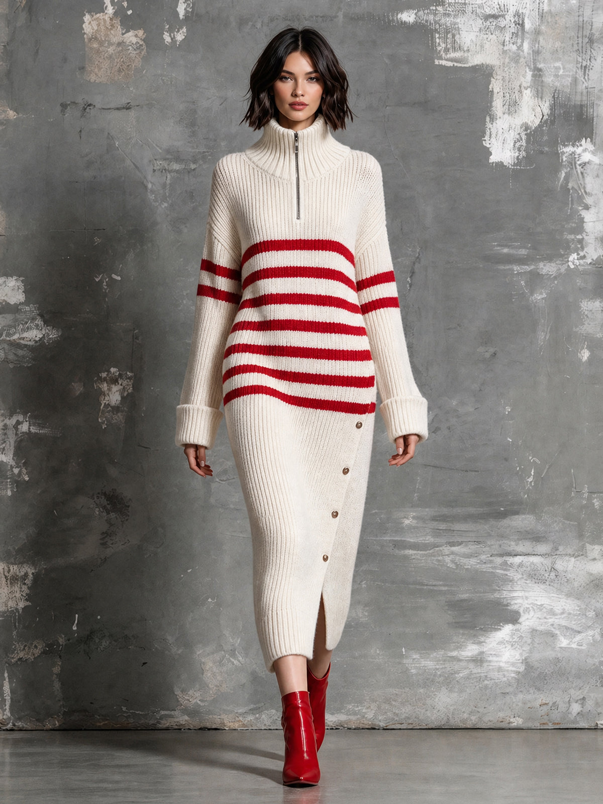 ElevenOra Chic Elegant Beige-Red Stripes Zipper-Up Turtleneck Long-Sleeve Slit Detail Decorative Buttons Wool Blend Knit Maxi Dress