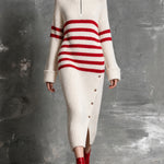 ElevenOra Chic Elegant Beige-Red Stripes Zipper-Up Turtleneck Long-Sleeve Slit Detail Decorative Buttons Wool Blend Knit Maxi Dress