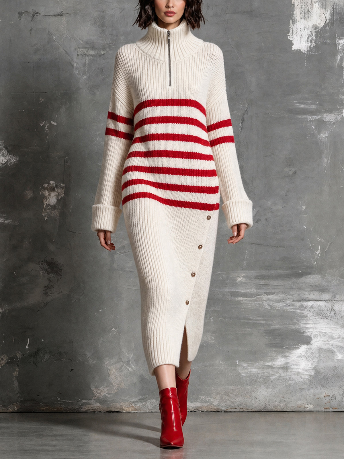 ElevenOra Chic Elegant Beige-Red Stripes Zipper-Up Turtleneck Long-Sleeve Slit Detail Decorative Buttons Wool Blend Knit Maxi Dress