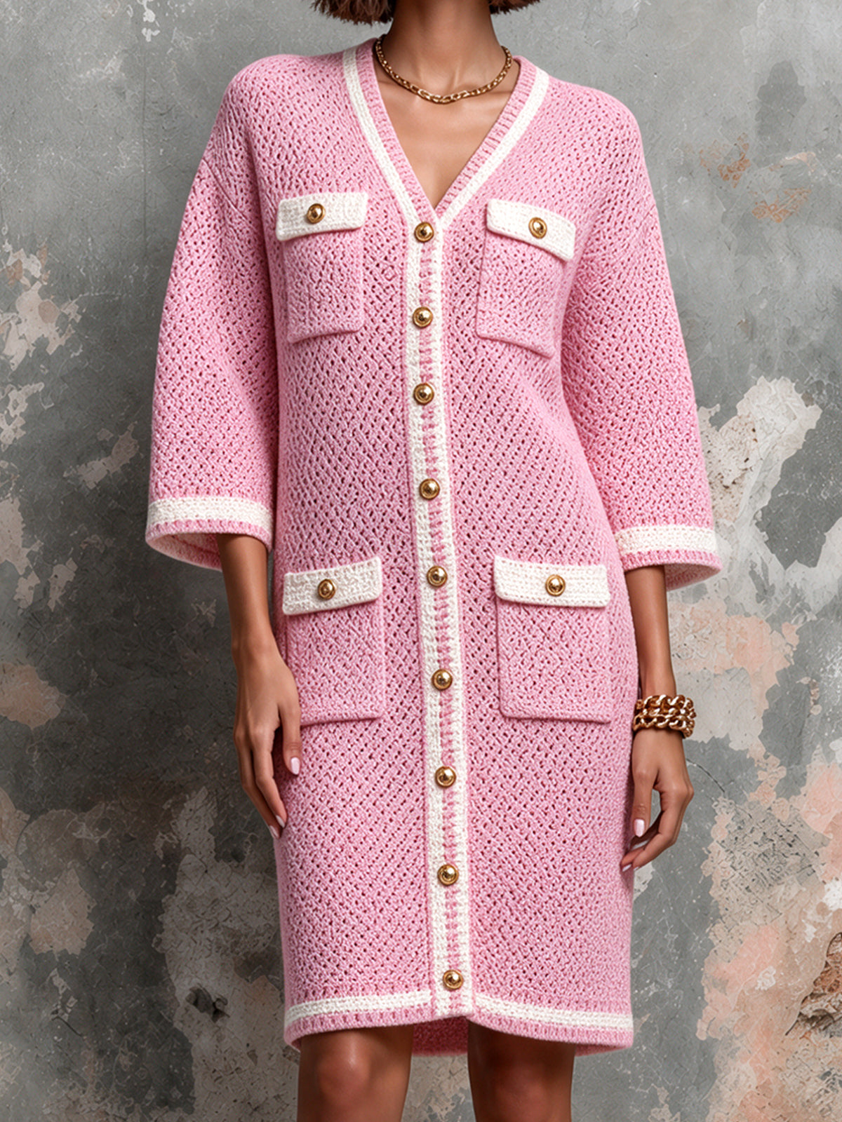 ElevenOra Chic Elegant Pink-White Colorblock V-Neck Half-Sleeve Single-Breasted Multi-Pockets Wool Blend Knit Midi Dress