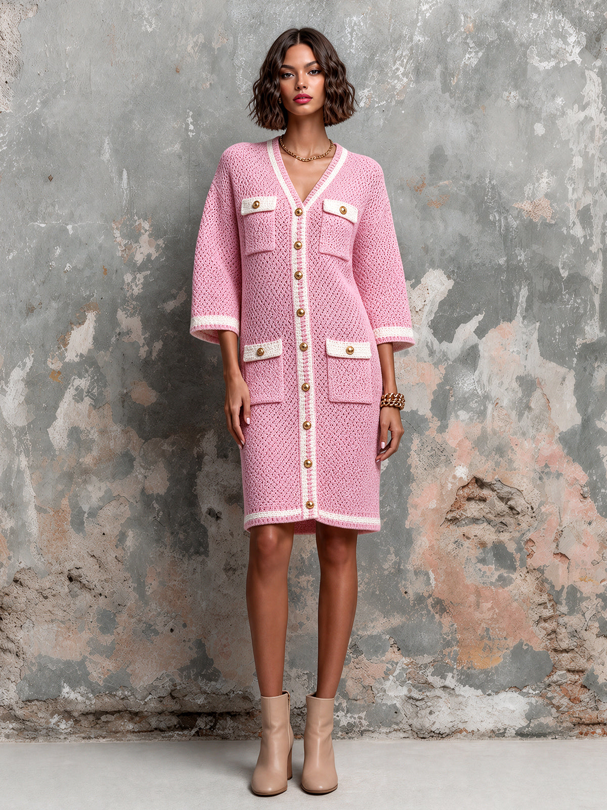 ElevenOra Chic Elegant Pink-White Colorblock V-Neck Half-Sleeve Single-Breasted Multi-Pockets Wool Blend Knit Midi Dress
