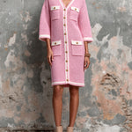 ElevenOra Chic Elegant Pink-White Colorblock V-Neck Half-Sleeve Single-Breasted Multi-Pockets Wool Blend Knit Midi Dress