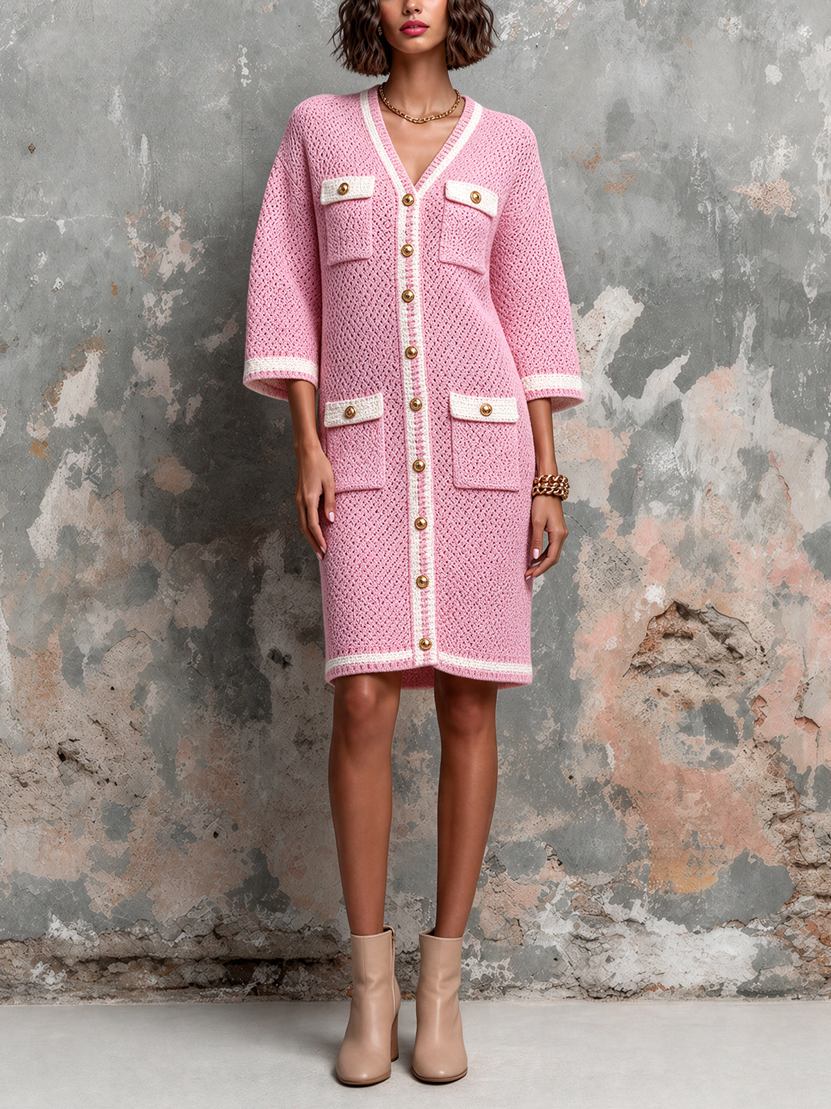 ElevenOra Chic Elegant Pink-White Colorblock V-Neck Half-Sleeve Single-Breasted Multi-Pockets Wool Blend Knit Midi Dress
