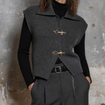 ElevenOra Chic Elegant Dark Grey Lapel Collar Metal Toggle Clasp Sleeveless Loose-Fit Knit Vest Top