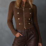 ElevenOra Chic Casual Brown Stand Collar Zipper-Front Military Button Long-Sleeve Slim-Fit Ribbed Knit Cardigan