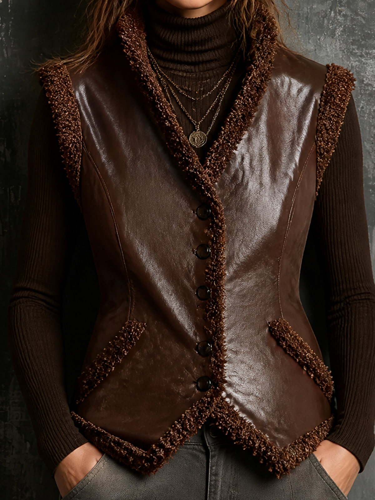 ElevenOra Chic Elegant Brown Stand Collar Single-Breasted Sleeveless Boucle Trim Slim-Fit Faux Leather Vest Top