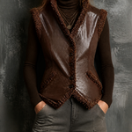 ElevenOra Chic Elegant Brown Stand Collar Single-Breasted Sleeveless Boucle Trim Slim-Fit Faux Leather Vest Top