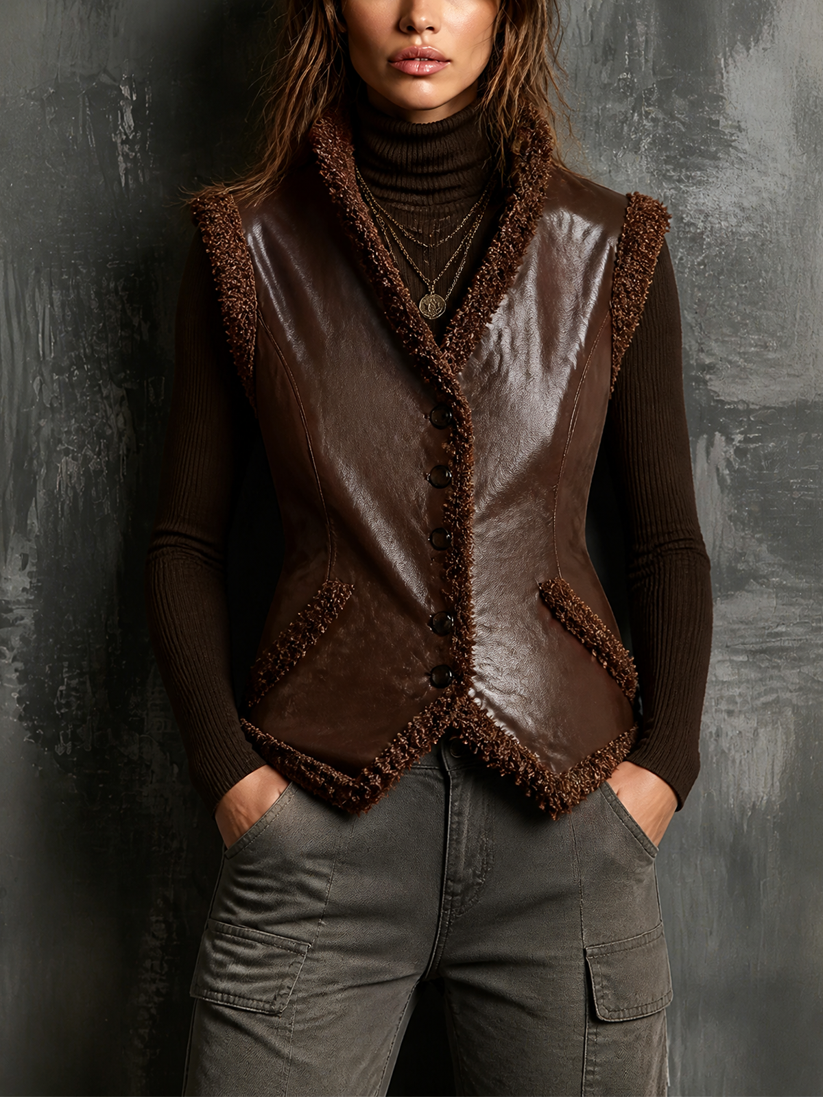 ElevenOra Chic Elegant Brown Stand Collar Single-Breasted Sleeveless Boucle Trim Slim-Fit Faux Leather Vest Top