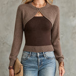 ElevenOra Chic Elegant Brown-Coffee Colorblock Round-Neck Long-Sleeve Slim-Fit Wool Blend Knit Faux Layer Sweater