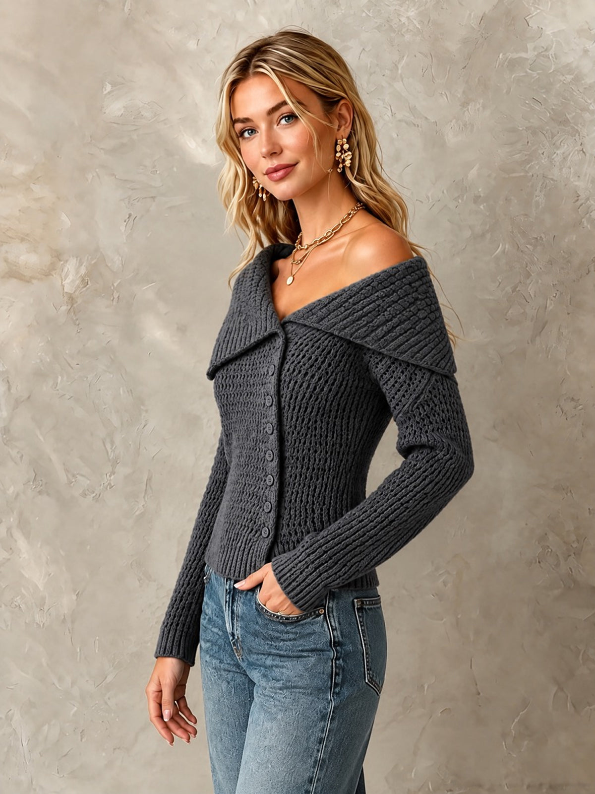 ElevenOra Chic Elegant Dark Gray Large Lapel Single-Breasted Long-Sleeve Slim-Fit Wool Blend Knit Cardigan