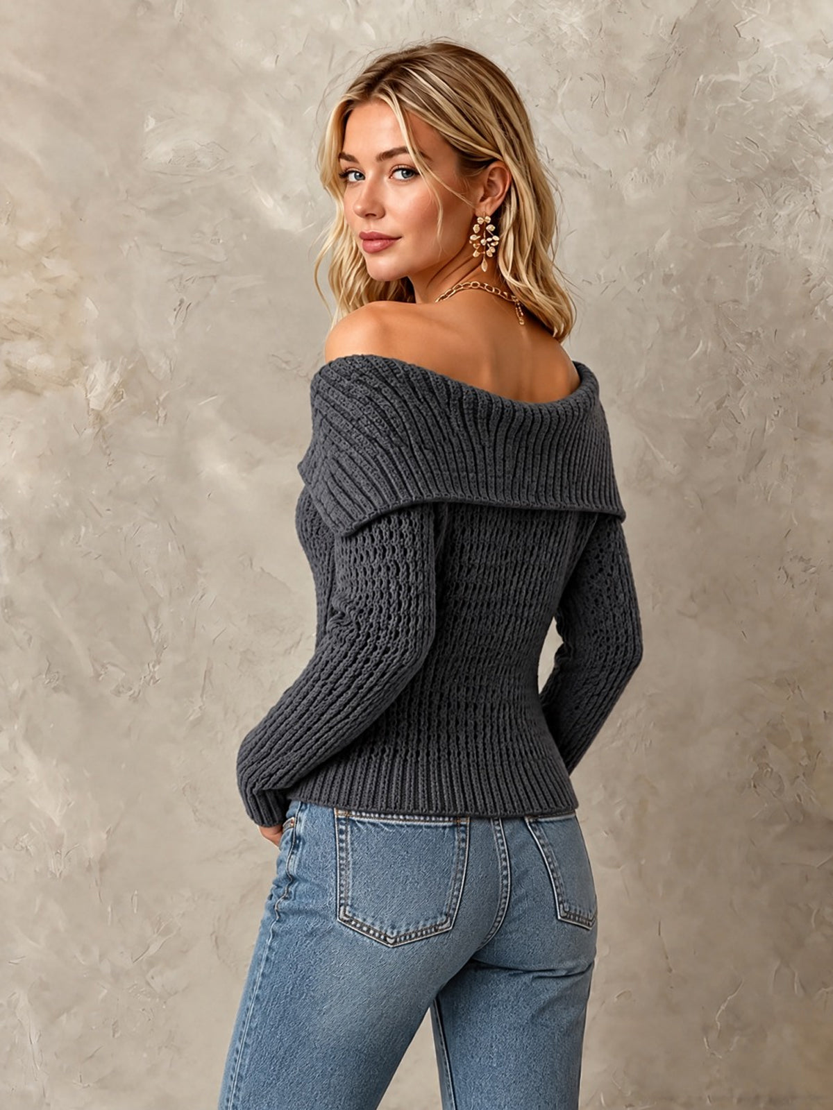 ElevenOra Chic Elegant Dark Gray Large Lapel Single-Breasted Long-Sleeve Slim-Fit Wool Blend Knit Cardigan