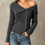 ElevenOra Chic Elegant Dark Gray Large Lapel Single-Breasted Long-Sleeve Slim-Fit Wool Blend Knit Cardigan