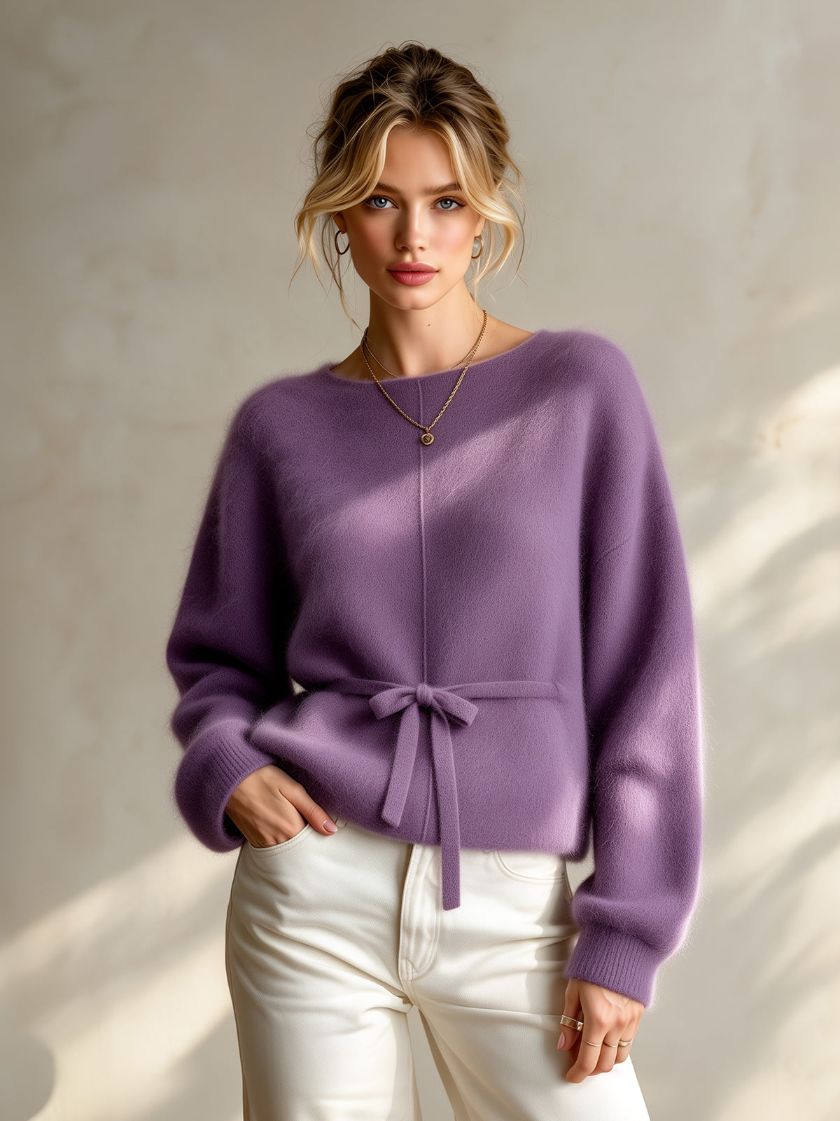 ElevenOra Chic Elegant Purple Round-Neck Dropped-Shoulder Long-Sleeve Belted Loose-Fit Mohair Blend Knit Sweater