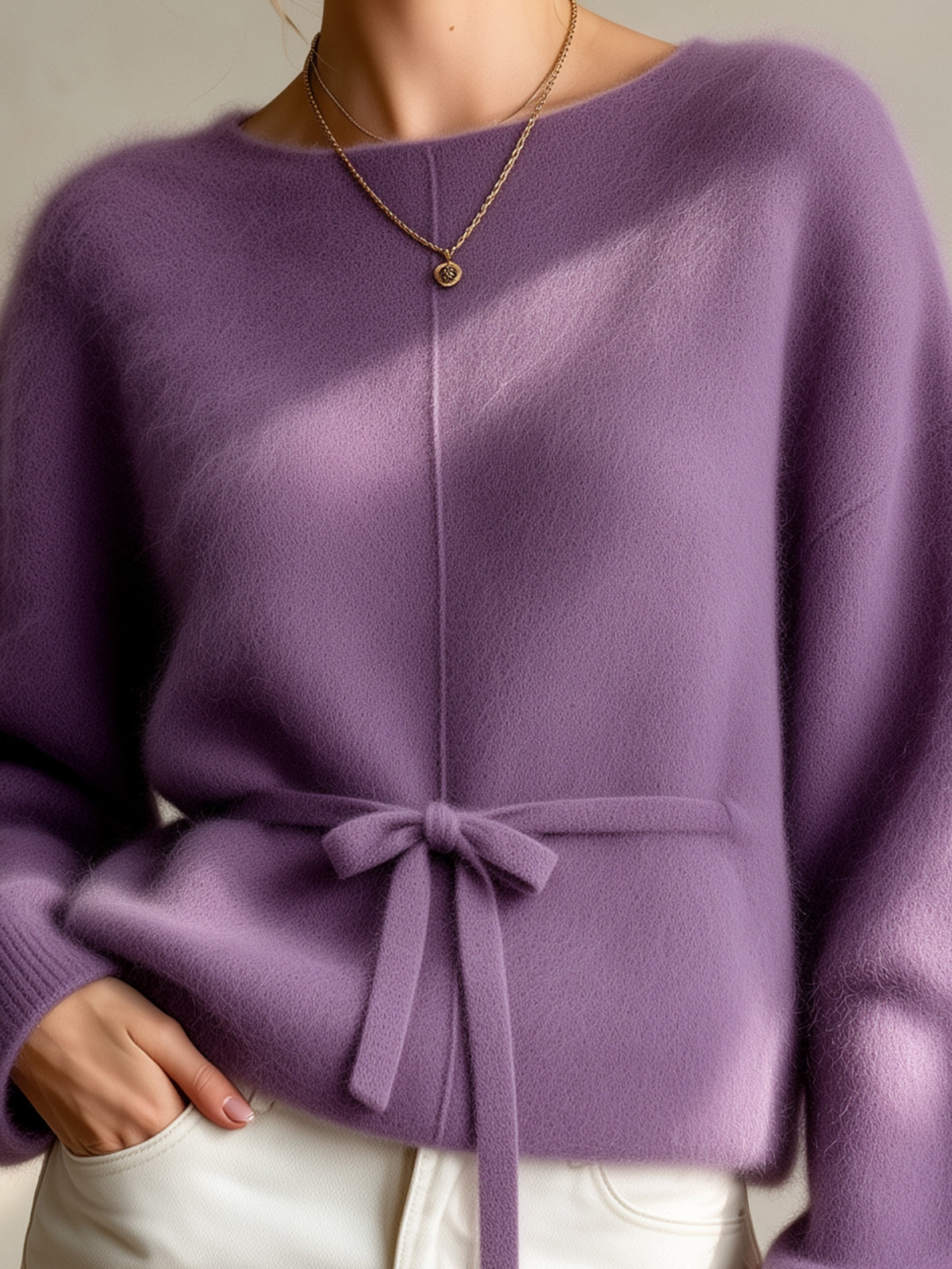ElevenOra Chic Elegant Purple Round-Neck Dropped-Shoulder Long-Sleeve Belted Loose-Fit Mohair Blend Knit Sweater