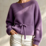 ElevenOra Chic Elegant Purple Round-Neck Dropped-Shoulder Long-Sleeve Belted Loose-Fit Mohair Blend Knit Sweater