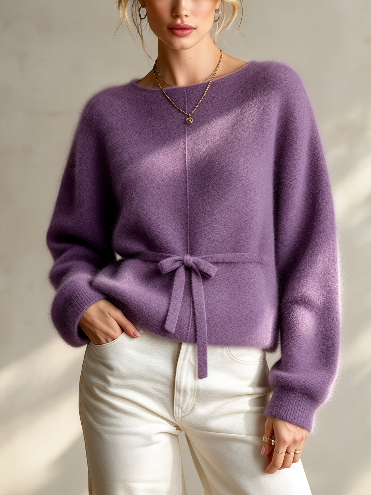 ElevenOra Chic Elegant Purple Round-Neck Dropped-Shoulder Long-Sleeve Belted Loose-Fit Mohair Blend Knit Sweater