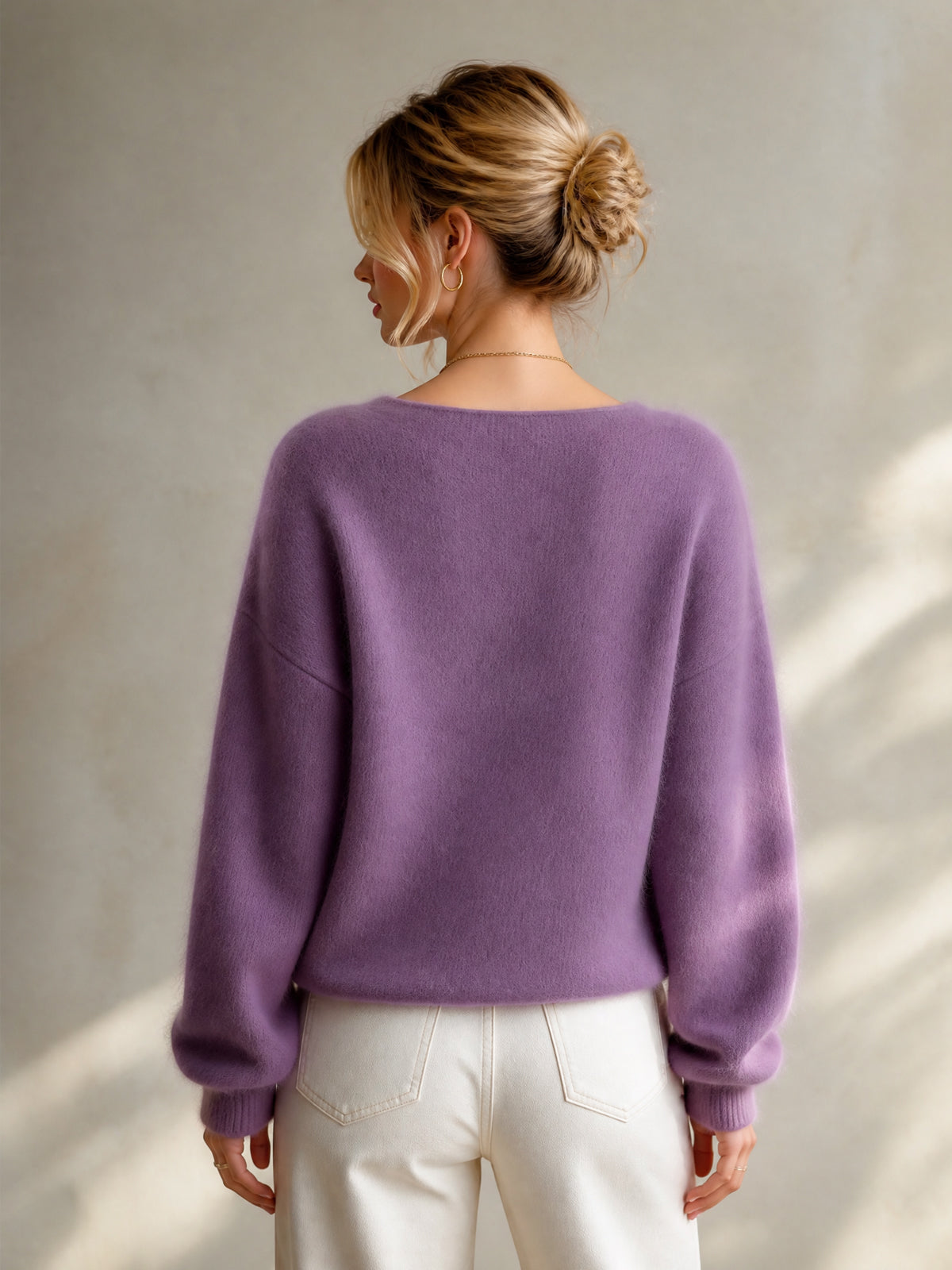 ElevenOra Chic Elegant Purple Round-Neck Dropped-Shoulder Long-Sleeve Belted Loose-Fit Mohair Blend Knit Sweater