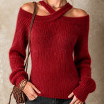 ElevenOra Chic Elegant Red Halter-Neck Off-The-Shoulder Long-Sleeve Slim-Fit Mohair Blend Ribbed Knit Sweater