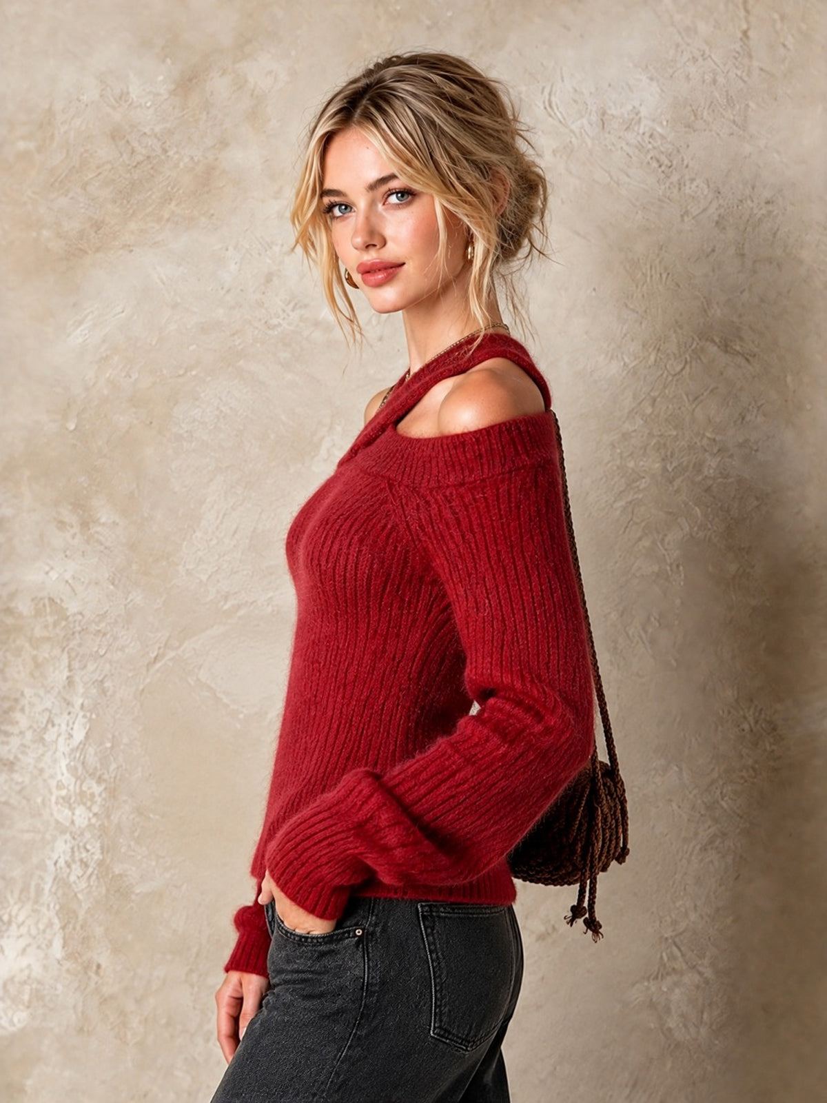 ElevenOra Chic Elegant Red Halter-Neck Off-The-Shoulder Long-Sleeve Slim-Fit Mohair Blend Ribbed Knit Sweater