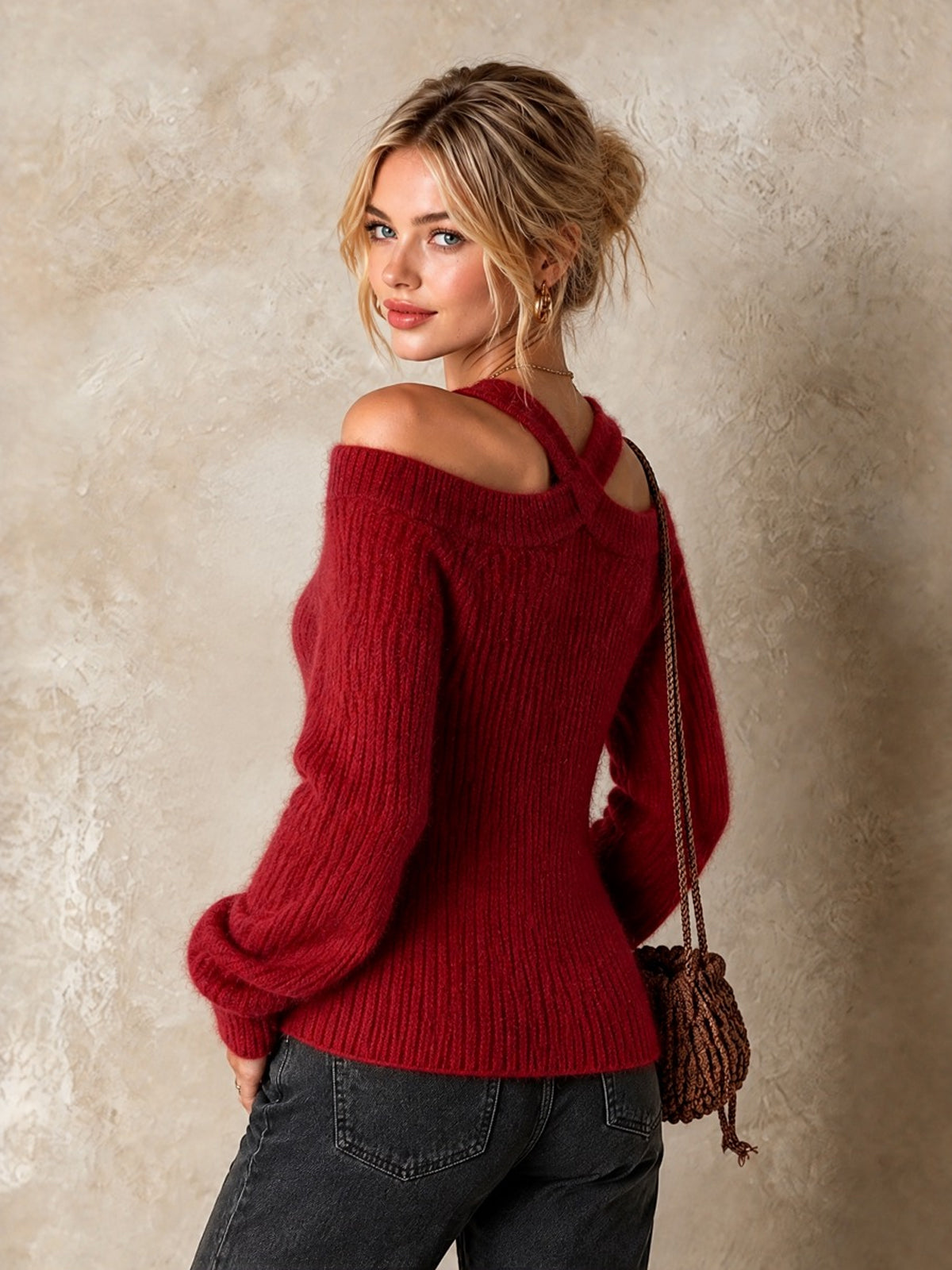 ElevenOra Chic Elegant Red Halter-Neck Off-The-Shoulder Long-Sleeve Slim-Fit Mohair Blend Ribbed Knit Sweater