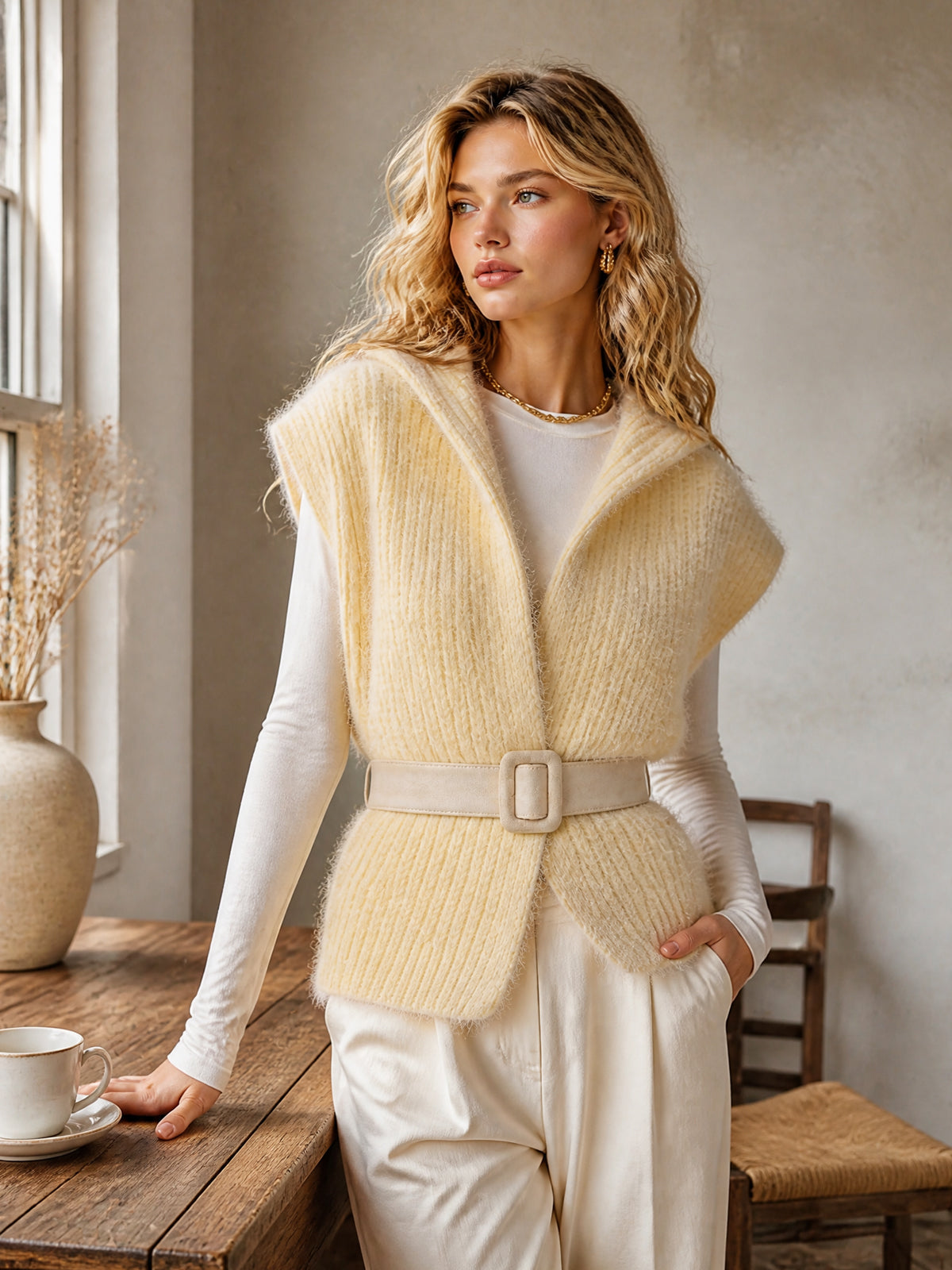ElevenOra Chic Casual Pale Yellow Hooded Collar Sleeveless Open-Front Belted Mohair Blend Ribbed Knit Vest