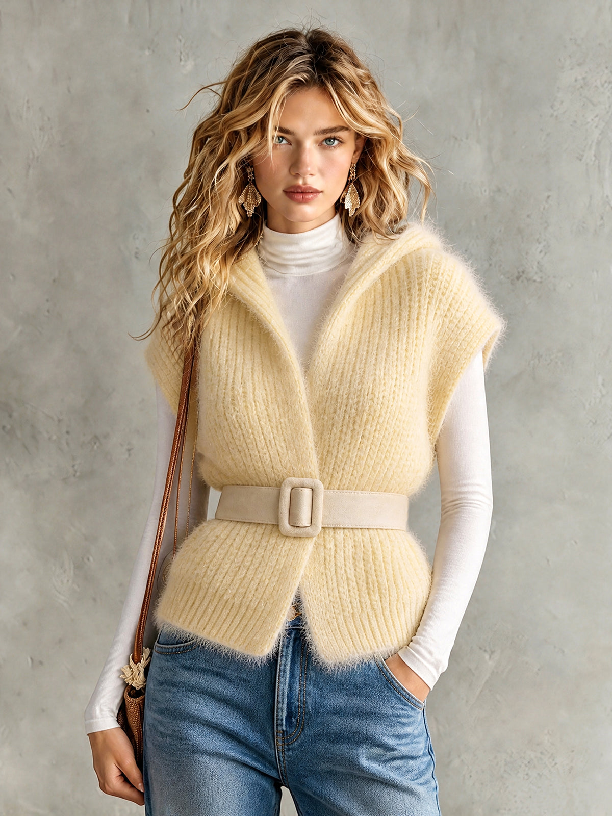 ElevenOra Chic Casual Pale Yellow Hooded Collar Sleeveless Open-Front Belted Mohair Blend Ribbed Knit Vest