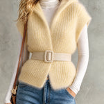 ElevenOra Chic Casual Pale Yellow Hooded Collar Sleeveless Open-Front Belted Mohair Blend Ribbed Knit Vest