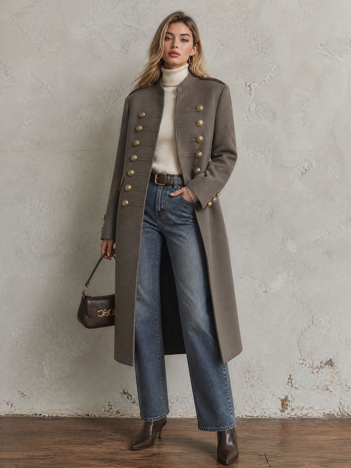 ElevenOra Chic Elegant Taupe Stand Collar Gold Double Breasted Long-Sleeve Military Style Loose-Fit Long Wool Blend Coat