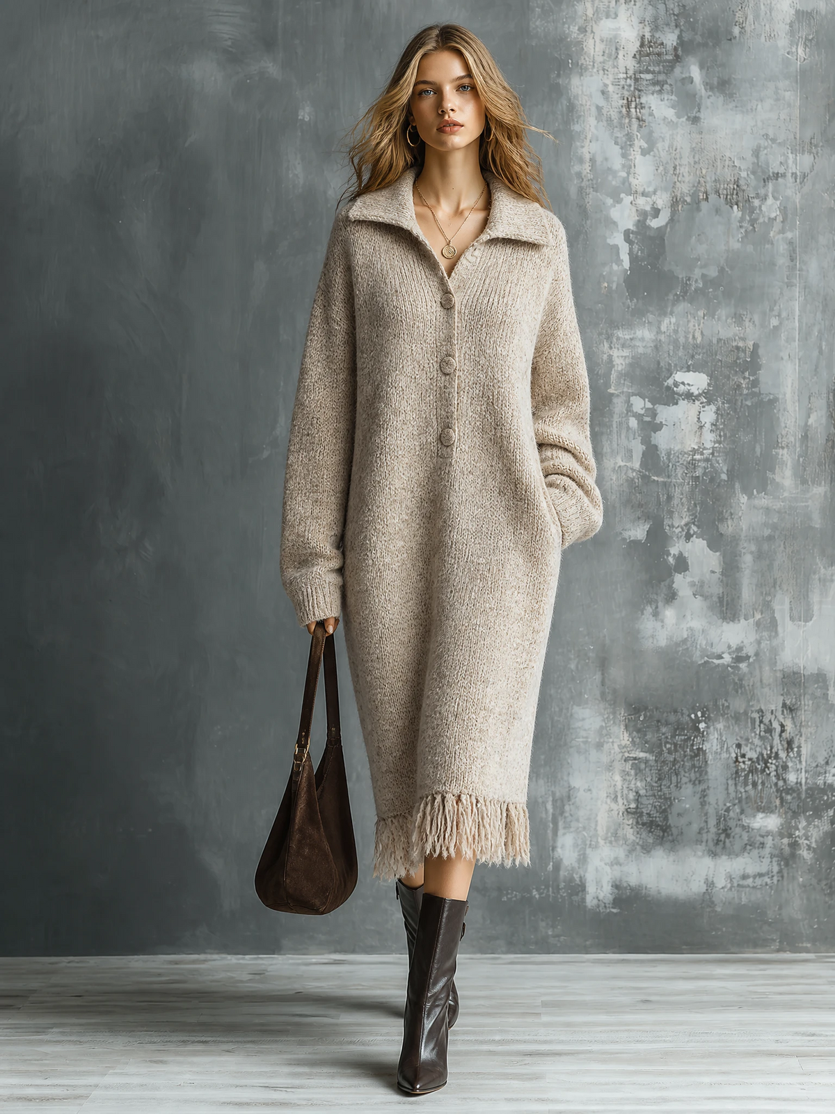 ElevenOra Chic Elegant Oatmeal Lapel Collar Half Button Long-Sleeve Fringe Hem Loose-Fit Knit Midi Dress