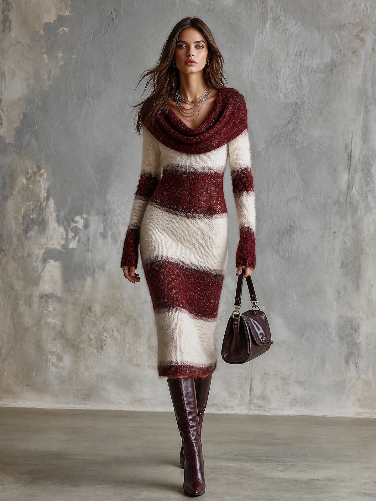 ElevenOra Chic Elegant White-Burgundy Stripes Cowl Neck Long-Sleeve Slim-Fit Fuzzy Mohair Blend Knit Midi Dress