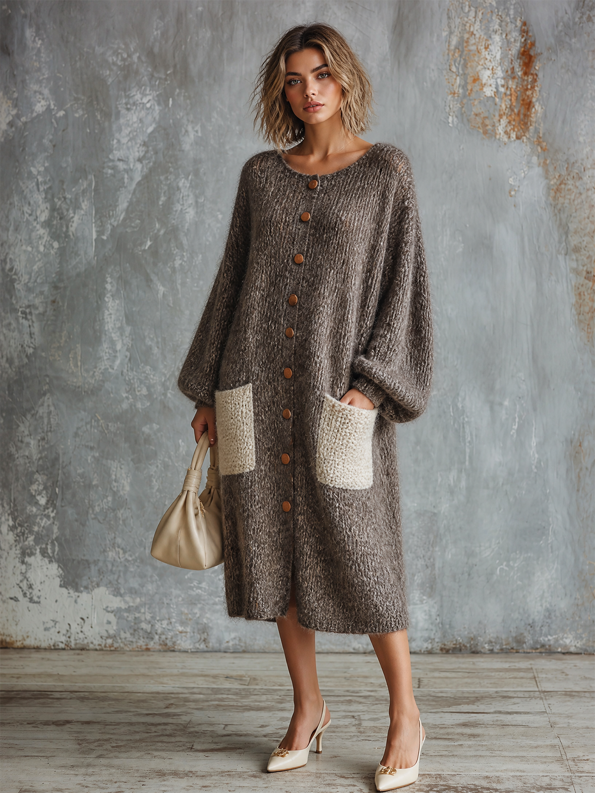 ElevenOra Chic Casual Heather Taupe Round Neck Single-Breasted Long-Sleeve Contrast Patch Pockets Loose-Fit Fuzzy Knit Midi Dress