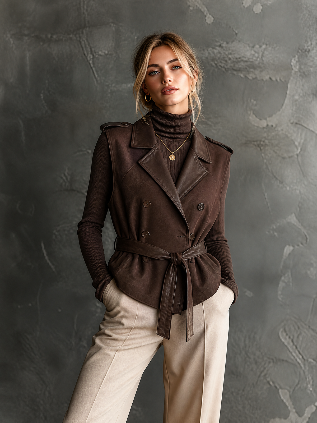 ElevenOra Chic Casual Brown Notched Lapel Collar Faux Leather Contrast Double Breasted Sleeveless Waist Belt Slim-Fit Suede Vest