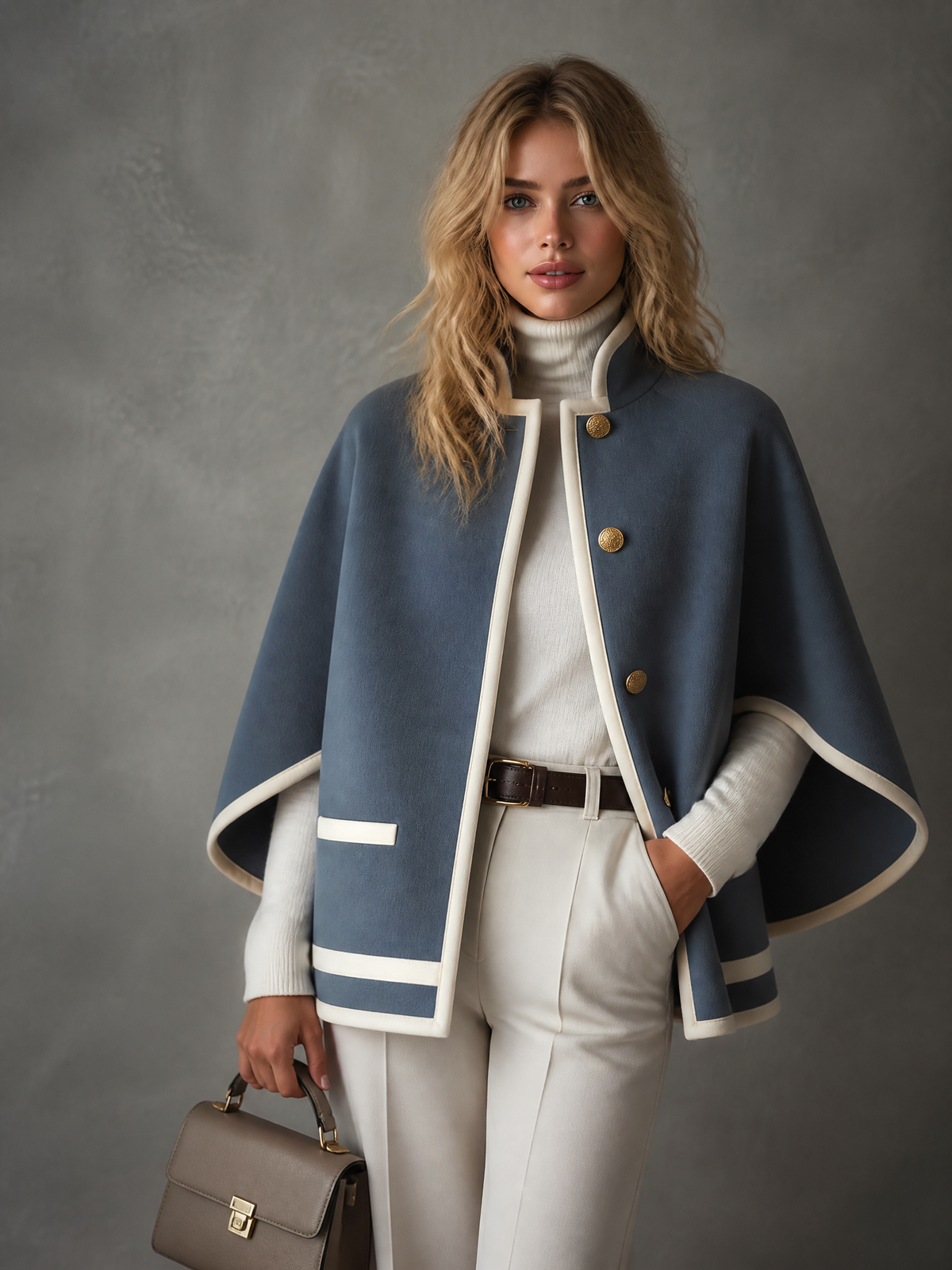 ElevenOra Chic Elegant Dusty Blue Stand Collar Single-Breasted Contrast Trim Loose-Fit Wool Blend Cape Coat