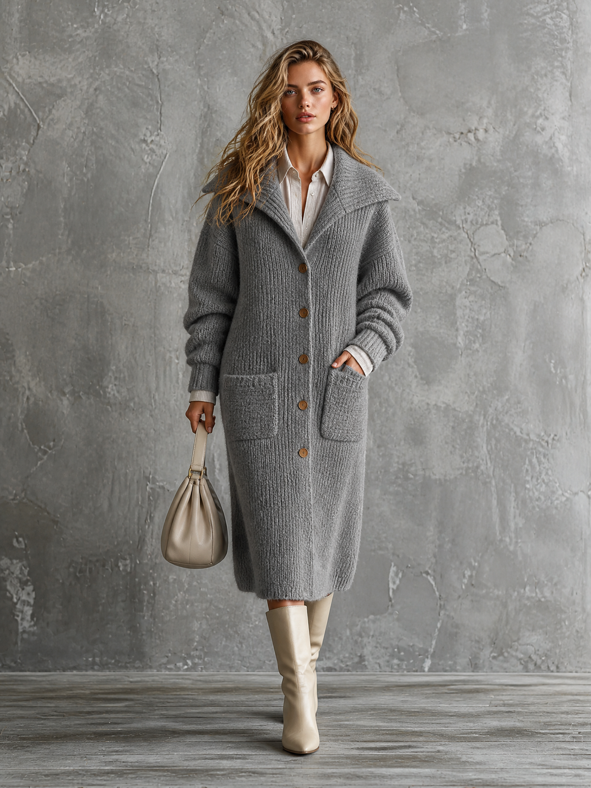 ElevenOra Chic Casual Gray Lapel Collar Single-Breasted Long-Sleeve Patch Pockets Loose-Fit Chunky Knit Midi Cardigan