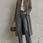 ElevenOra Chic Elegant Taupe Stand Collar Gold Double Breasted Long-Sleeve Military Style Loose-Fit Long Wool Blend Coat