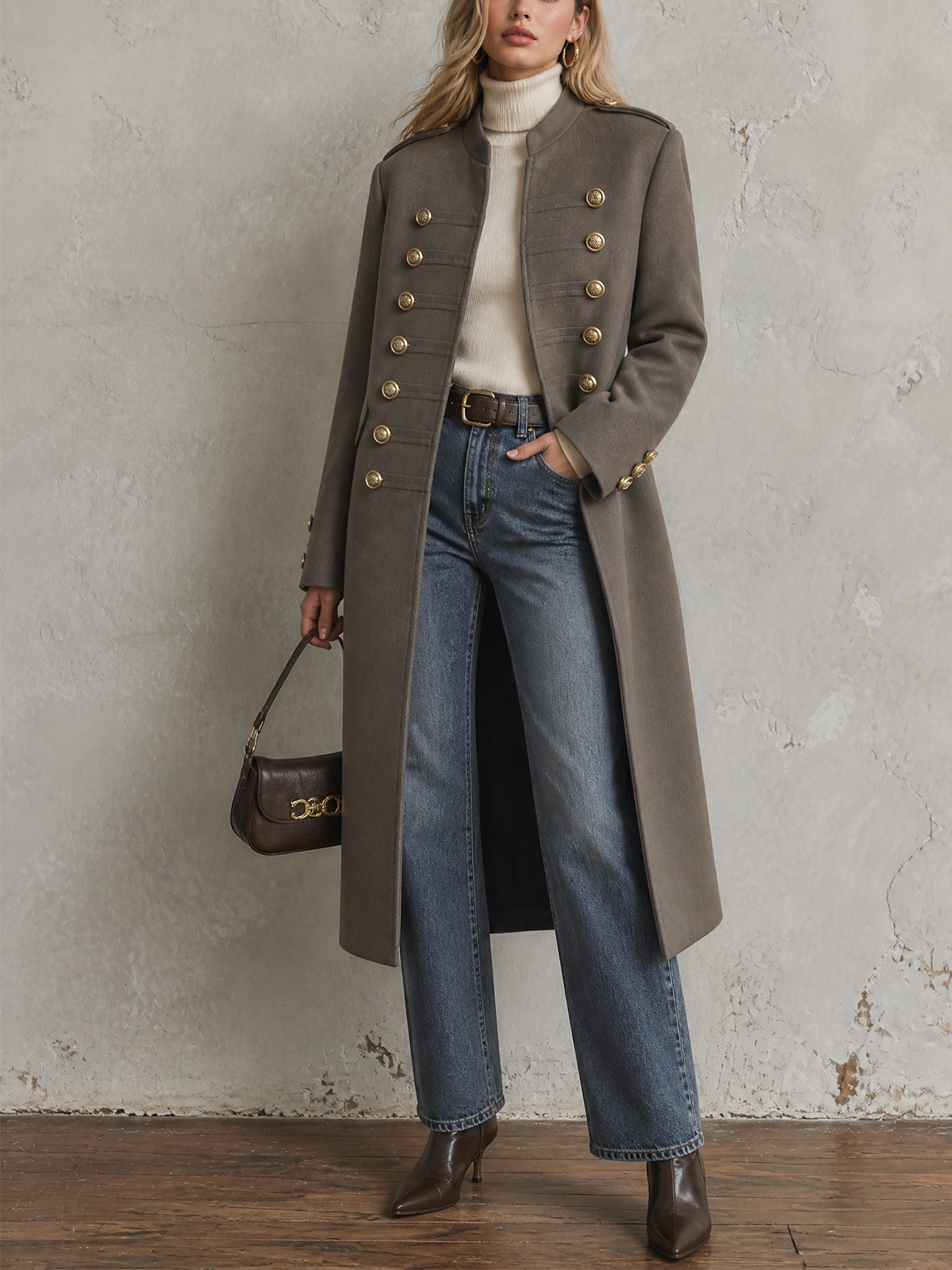 ElevenOra Chic Elegant Taupe Stand Collar Gold Double Breasted Long-Sleeve Military Style Loose-Fit Long Wool Blend Coat