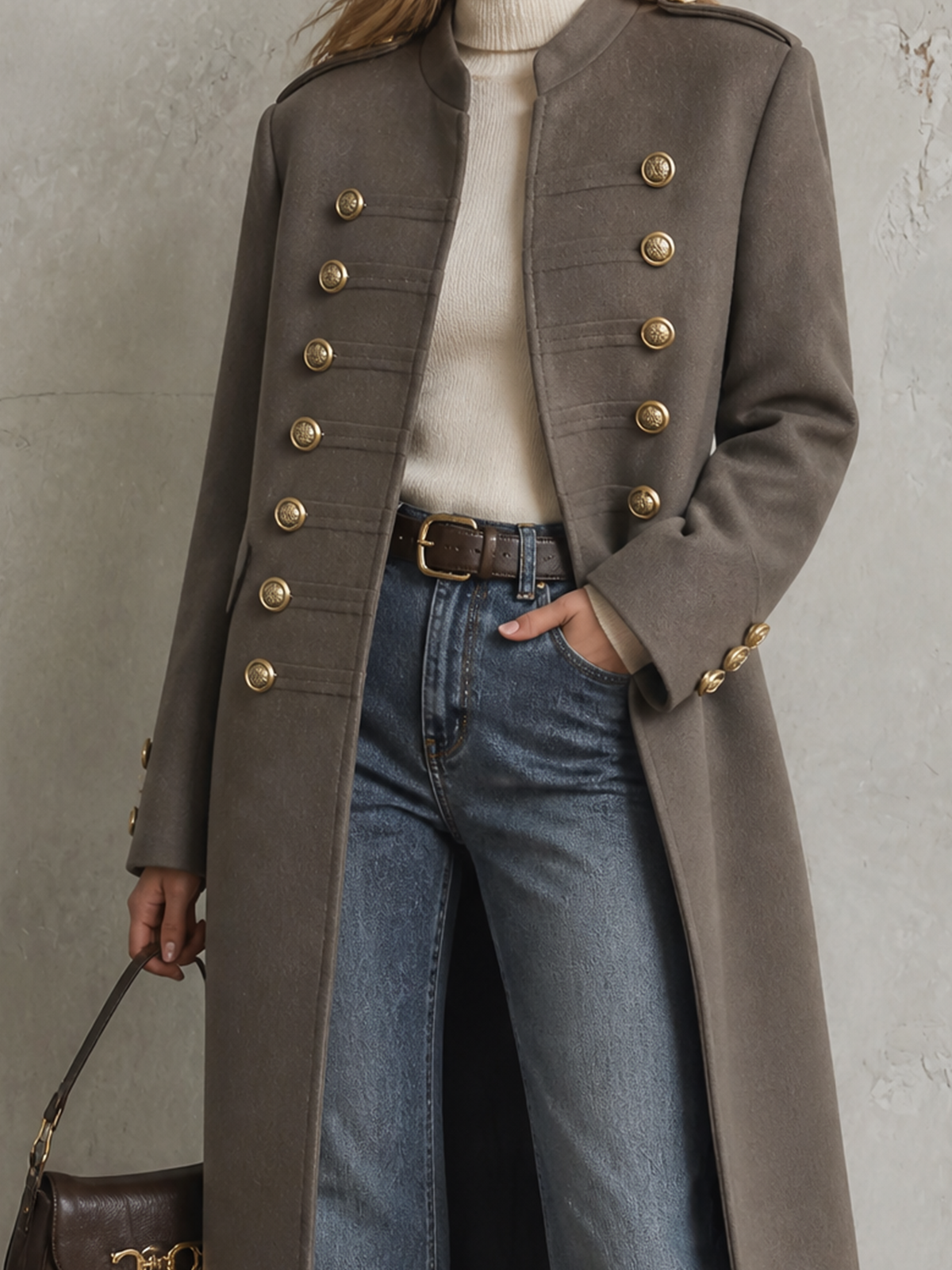 ElevenOra Chic Elegant Taupe Stand Collar Gold Double Breasted Long-Sleeve Military Style Loose-Fit Long Wool Blend Coat