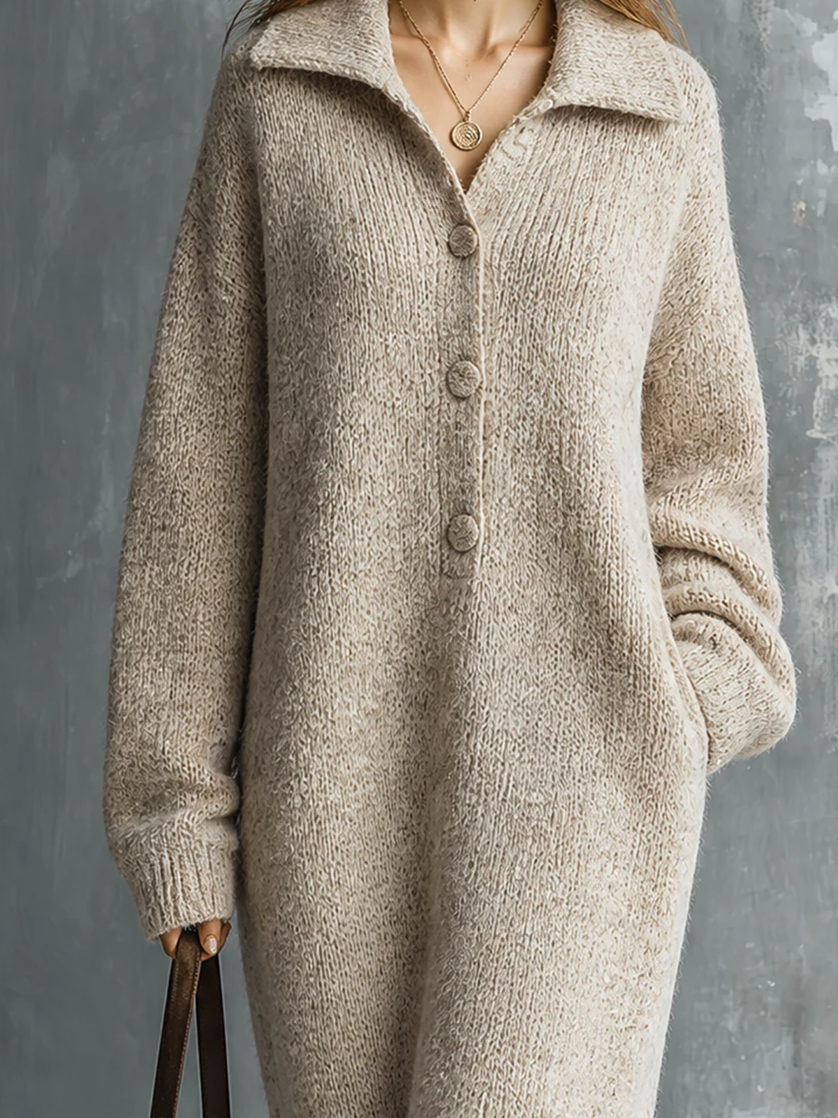 ElevenOra Chic Elegant Oatmeal Lapel Collar Half Button Long-Sleeve Fringe Hem Loose-Fit Knit Midi Dress