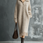 ElevenOra Chic Elegant Oatmeal Lapel Collar Half Button Long-Sleeve Fringe Hem Loose-Fit Knit Midi Dress