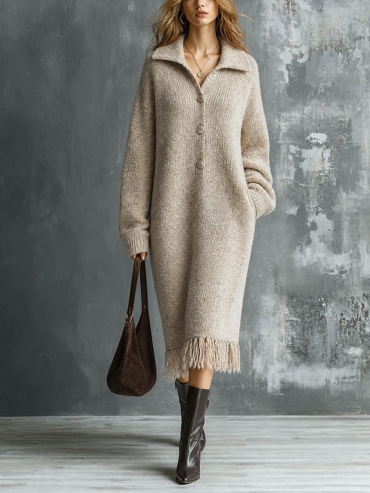 ElevenOra Chic Elegant Oatmeal Lapel Collar Half Button Long-Sleeve Fringe Hem Loose-Fit Knit Midi Dress