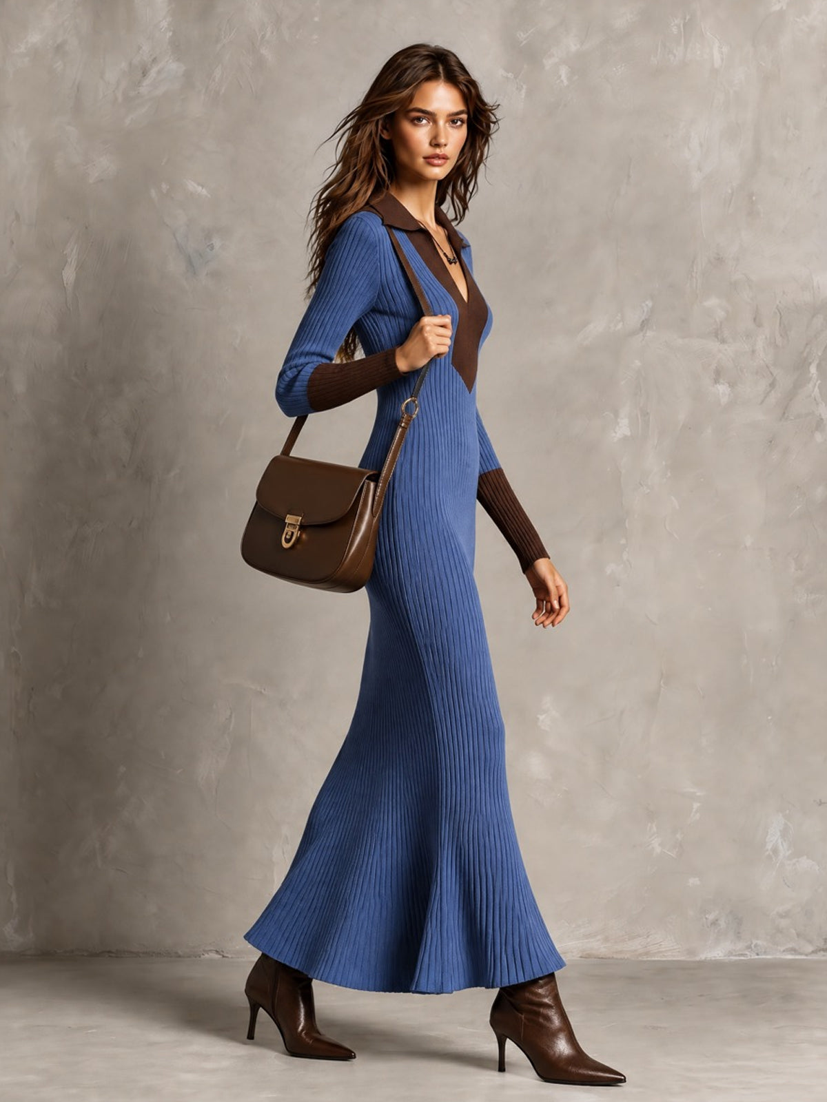 ElevenOra Chic Elegant Dark Blue-Coffee Colorblock Lapel V-Neck Long-Sleeve Slim-Fit Wool Blend Ribbed Knit Maxi Dress
